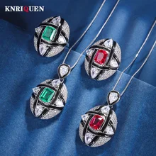 2023 Trend Vintage 7*9mm Emerald Ruby Jewelry Sets for Women Gemstone Lab Diamond Wedding Party Pendant Necklace Ring Fine Gift