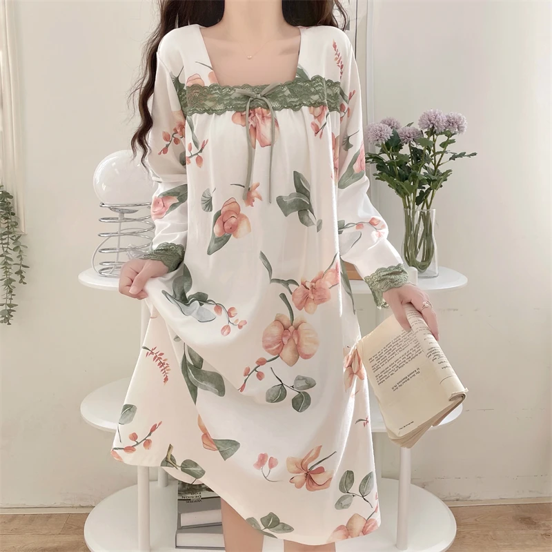 Spring Night Dress Women Square Collar Silk Lace Nightgown Floral Print Long Sleepwear Korean Elegant Long Sleeve Homewear
Spring Night Dress Women Square Collar Silk Lace Nightgown Floral Print Long Sleepwear Korean Elegant Long Sleeve Homewear