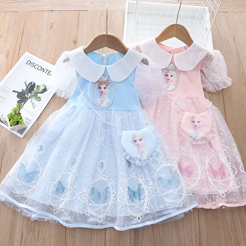

Летнее платье для девочек «Холодное сердце», новинка 2022, Сетчатое платье принцессы с коротким рукавом и милым кукольным воротником, мультяшное платье принцессы, повседневная одежда для девочек Disney