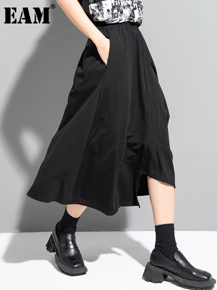 

[EAM] черная Асимметричная плиссированная повседневная юбка средней длины с высокой эластичной резинкой на талии Женская модная новинка весна-осень 2023 1DF8152