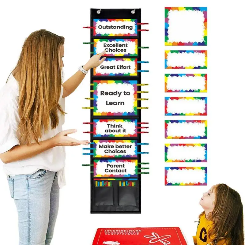 

Kids Behavior Chart Children Track Reward Pocket Chart For Students Dangling Bulletin Board With Wooden Clips Multifunctional