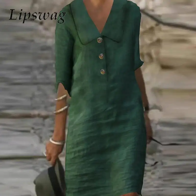 

Женское модное однотонное платье-трапеция с отложным воротником, элегантное винтажное платье из хлопка и льна с пуговицами и полурукавами