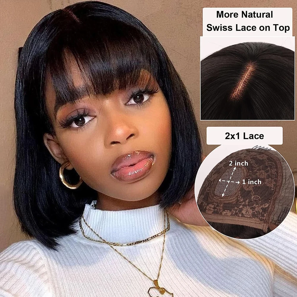 

Straight Bob Wig Human Hair Wigs with Bangs 3X2 Lace 180 Density Wear and Go Glueless Wig Short Black Bob With Bang 12 Inches