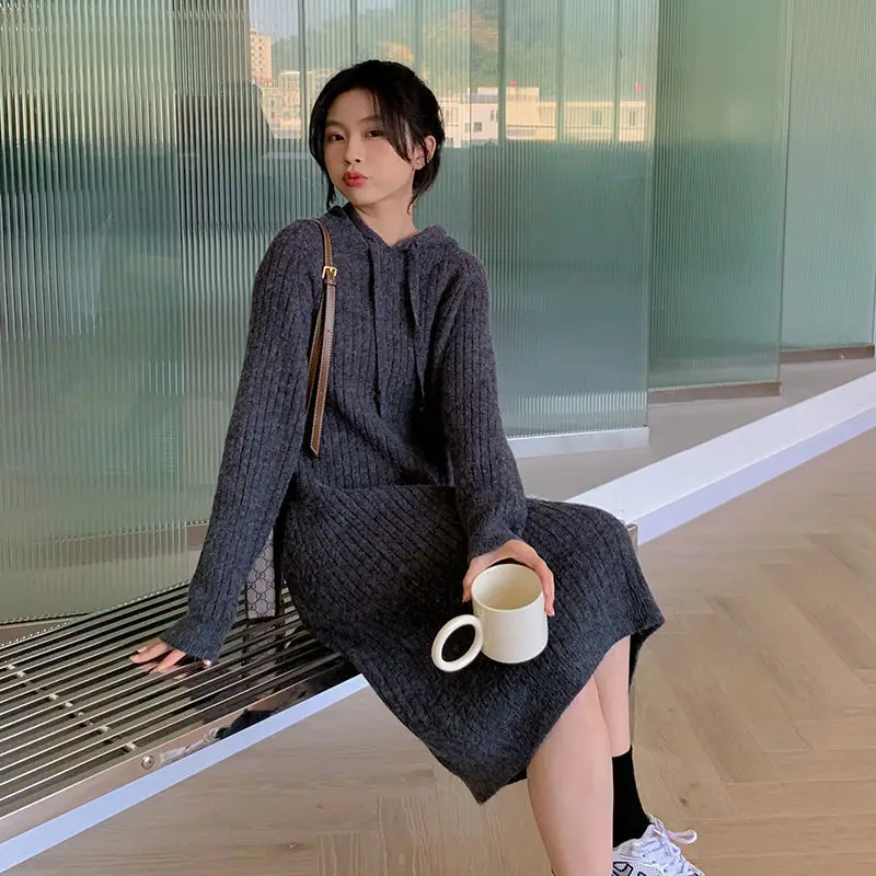 2022 Women Spring Autumn New Solid Color Knitted Dress Female Long Sleeve Hooded Vestidos Ladies Straight Sweater Dresses Q259
2022 Women Spring Autumn New Solid Color Knitted Dress Female Long Sleeve Hooded Vestidos Ladies Straight Sweater Dresses Q259