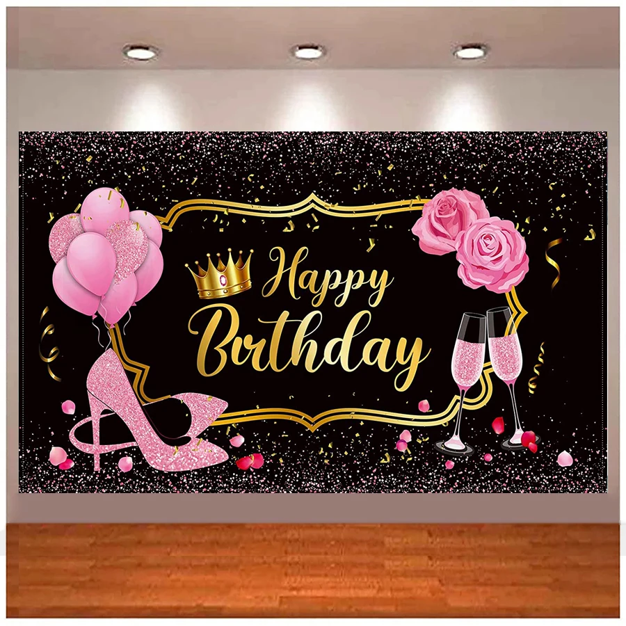 Pink Birthday Party Backdrop Sweet Gold Fancy Photography Background Balloons Heels Rose Champagne for Women 30th 40th 50th 60th
Pink Birthday Party Backdrop Sweet Gold Fancy Photography Background Balloons Heels Rose Champagne for Women 30th 40th 50th 60th