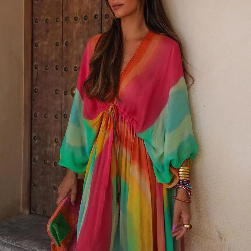 Женское пикантное длинное платье в разноцветную полоску, весеннее платье макси в стиле бохо с V-образным вырезом и кулиской, Осенние офисные женские платья с рукавами-фонариками
Женское пикантное длинное платье в разноцветную полоску, весеннее платье макси в стиле бохо с V-образным вырезом и кулиской, Осенние офисные женские платья с рукавами-фонариками