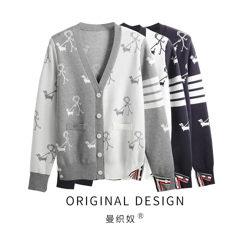 TB Knitted Cardigan Women's Autumn Color Matching Man Walking Dog Jacquard V-Neck Long Sleeve with College Style Sweater Coat
TB Knitted Cardigan Women's Autumn Color Matching Man Walking Dog Jacquard V-Neck Long Sleeve with College Style Sweater Coat