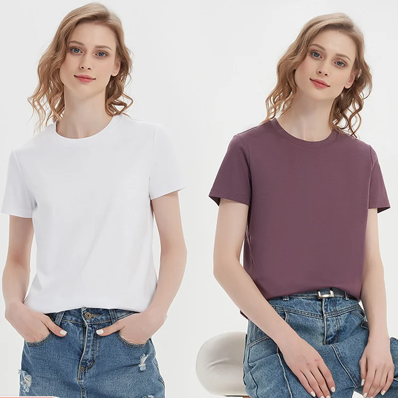 190G Double-Sided Mercerized Cotton T-shirts For Women O-Neck Solid T-shirt Half Sleeve Summer Loose Casual Tops For Ladies
190G Double-Sided Mercerized Cotton T-shirts For Women O-Neck Solid T-shirt Half Sleeve Summer Loose Casual Tops For Ladies