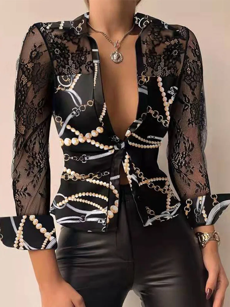 Elegant Lace Patchwork Women's Blouse Office Sexy See-through Mesh Long Sleeve Shirts Fashion Chain Printed Button Shirts Blusa
Elegant Lace Patchwork Women's Blouse Office Sexy See-through Mesh Long Sleeve Shirts Fashion Chain Printed Button Shirts Blusa