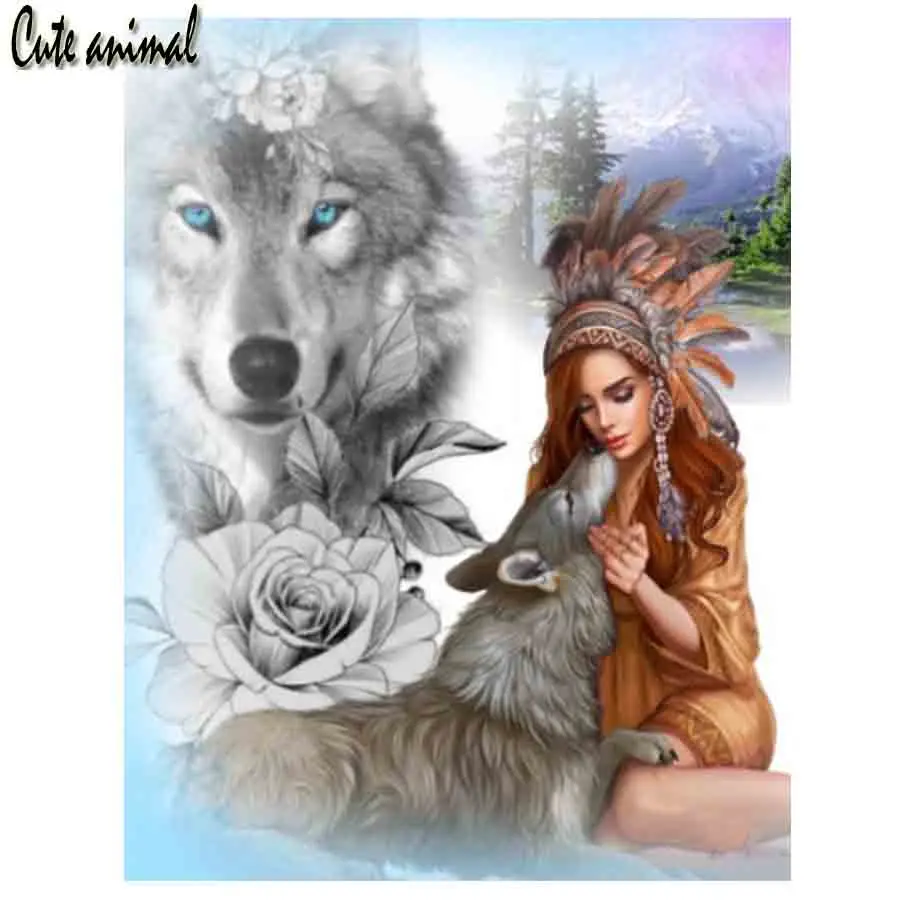 

5D алмазная живопись "сделай сам", картина с изображением индейской женщины, волк, пейзаж, 3D Алмазная вышивка стразы, мозаика, Набор для вышивки крестиком, Декор