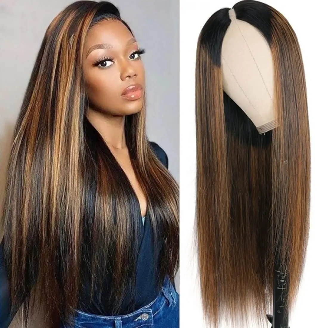 

Highlight Blonde 24 inch Silky Straight U Part Wig European Remy Human Hair Long Glueless Jewish Soft Wig For Black Women Daily
