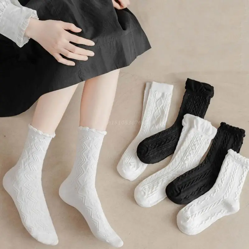 Women Girls Cotton Crew Socks College Style Twist Knit Wavy Striped Patterned Ruffle Trim Black White Mid Tube Hosiery
Women Girls Cotton Crew Socks College Style Twist Knit Wavy Striped Patterned Ruffle Trim Black White Mid Tube Hosiery