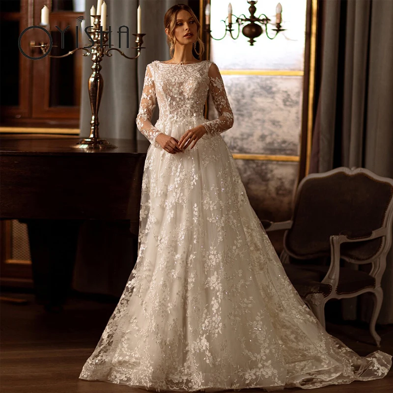 OYISHA Long Sleeve Tulle Wedding Dresses Scoop Neck Appliques Lace Princess Bridal Gowns Backless Buttons Sweep A-Line For Women
OYISHA Long Sleeve Tulle Wedding Dresses Scoop Neck Appliques Lace Princess Bridal Gowns Backless Buttons Sweep A-Line For Women
