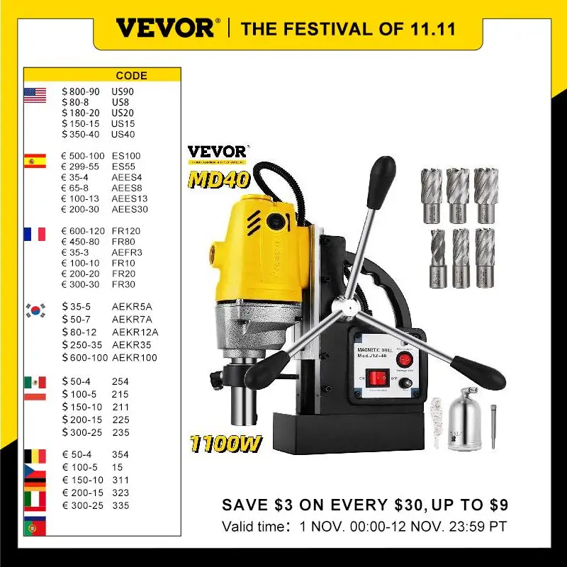 

VEVOR 1100W Magnetic Drill Press with 6PCS Bits MD40 Electric Bench Tapping Drilling Rig Machine for Engineering Steel Structure