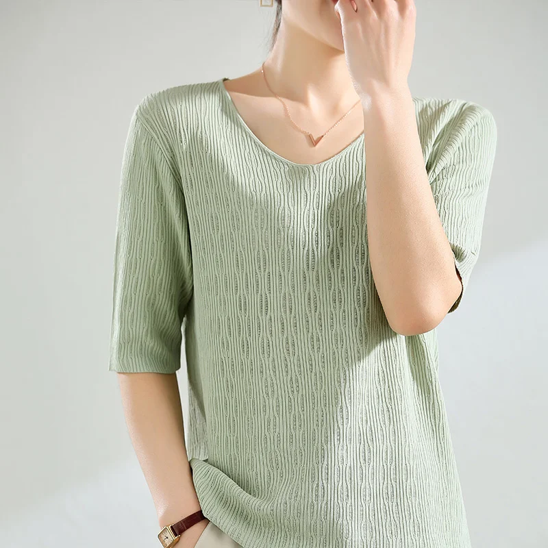 Женская Винтажная футболка из вискозы, элегантная повседневная трикотажная футболка с коротким рукавом и V-образным вырезом, лето
Женская Винтажная футболка из вискозы, элегантная повседневная трикотажная футболка с коротким рукавом и V-образным вырезом, лето