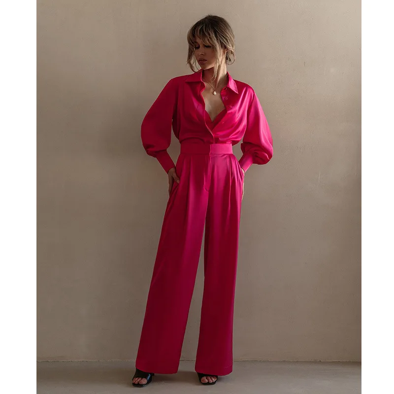 Satin trousers suit women's European and American Polo collar long-sleeved shirt_Slim waist drape wide leg pants two-piece set
Satin trousers suit women's European and American Polo collar long-sleeved shirt_Slim waist drape wide leg pants two-piece set