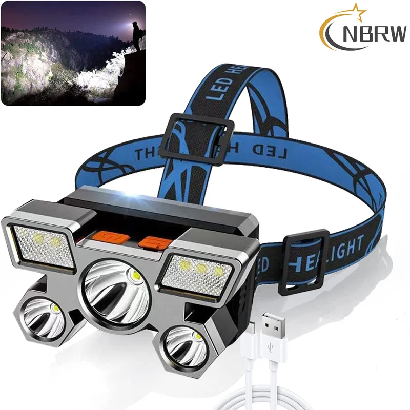 

Ultra Bright 5 LED Headlight Flashlight High Lumen USB Rechargeable Headlamps Waterproof 4 Modes Head Lamp for Camping Hiking