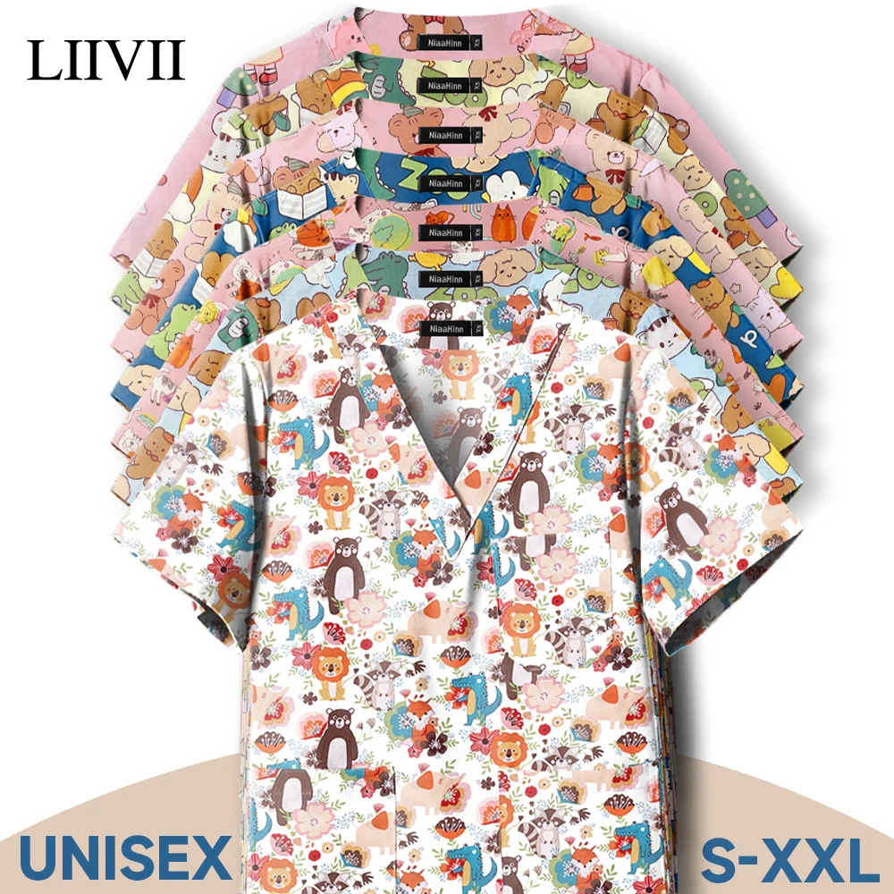 

Женские топы для медсестер, хлопковая рабочая рубашка с принтом, блузка с короткими рукавами, медицинская униформа для стоматолога, рабочая одежда для врачей