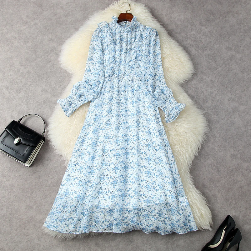 2022 New Long Sleeve Lantern Sleeve Stand Collar Fashion Blue Print Dress European and American Women's Wear Spring
2022 New Long Sleeve Lantern Sleeve Stand Collar Fashion Blue Print Dress European and American Women's Wear Spring
