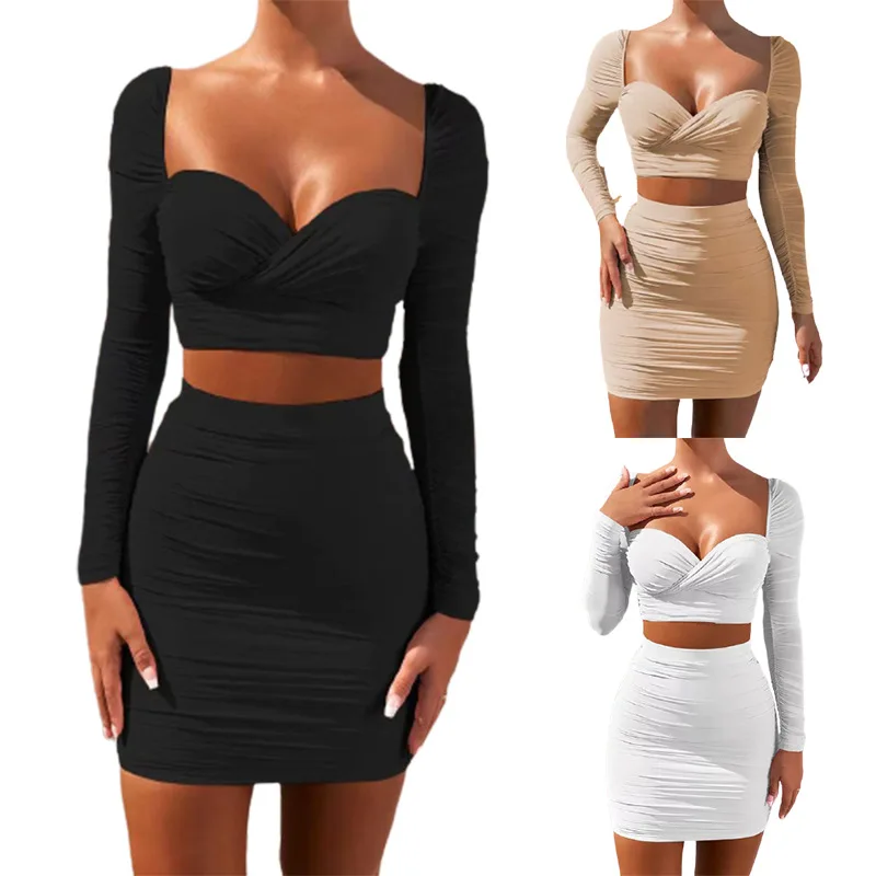 Sexy Solid Color Low-Cut Pleated Long Sleeve Hip Skirt and Crop Pullover Tops Summer New Elegant High Street Two Piece Sets
Sexy Solid Color Low-Cut Pleated Long Sleeve Hip Skirt and Crop Pullover Tops Summer New Elegant High Street Two Piece Sets