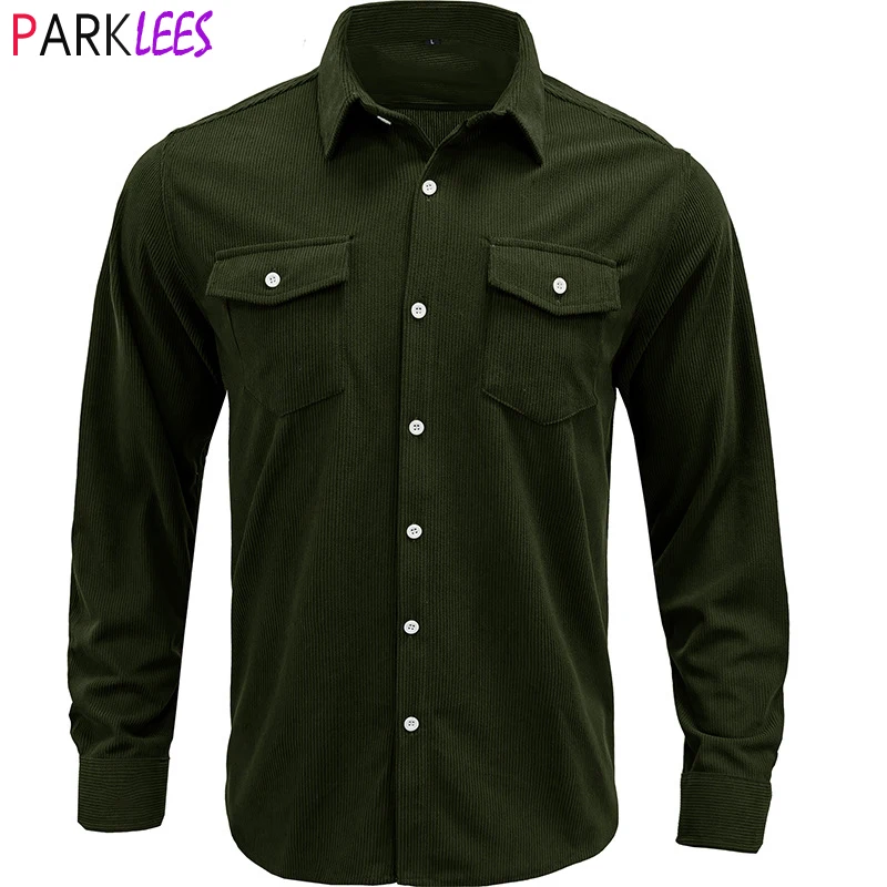 

Amry Green Corduroy Western Shirt Men 2022 Casual Long Sleeve Button Down Jacket Shirts Mens Shacket Jacket with Flap Pocket 3XL