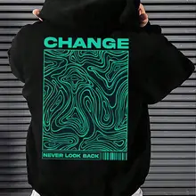 Change Word With Green Curved Lines Printed Men Hooded Creative Autumn Hoodies All-Match Sport Pullovers Personality Casual Tops