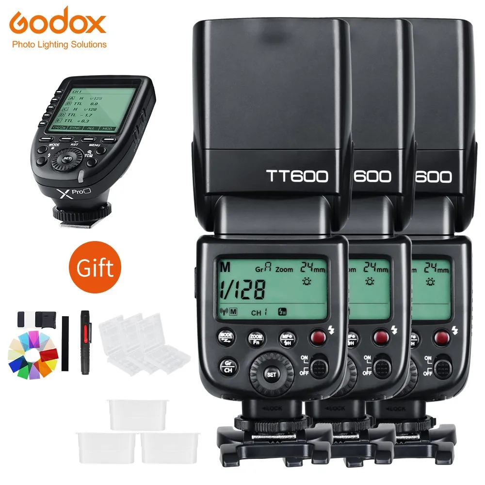 

Беспроводная вспышка Godox 3xTT600 2,4G Speedlites + Xpro передатчик триггер для Canon Nikon Sony Fujifilm Fuji Olympus Pentax