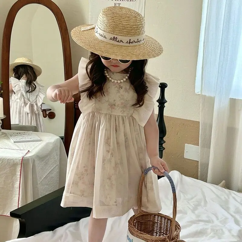 Платье принцессы с круглым вырезом, пуловер без рукавов с цветочным принтом в Корейском стиле для девочек, лето 2023 
Платье принцессы с круглым вырезом, пуловер без рукавов с цветочным принтом в Корейском стиле для девочек, лето 2023