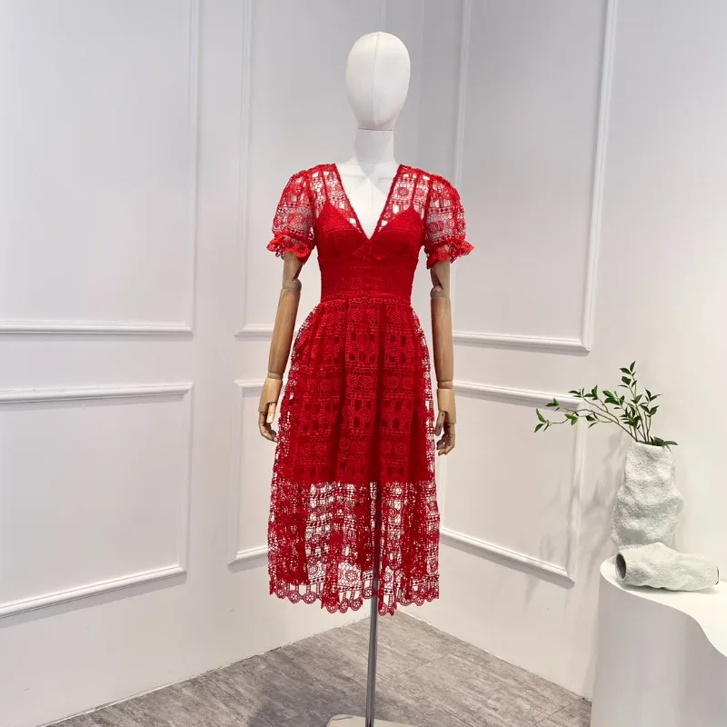 

Женское платье-миди на пуговицах, красное платье с V-образным вырезом, в стиле пэчворк, 2023