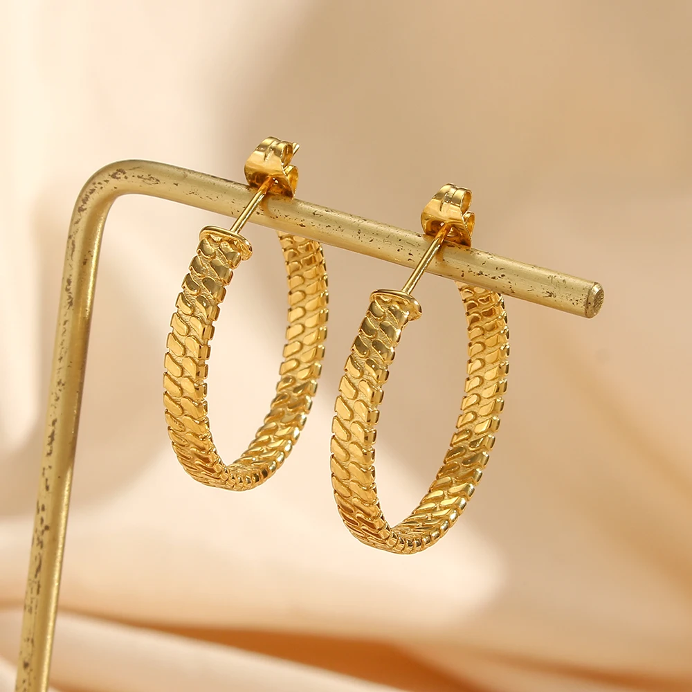 

2022 Cool Snakeskin Textured Hoop Earrings Female Jewelry Aesthetic 4mm Width Stainless Steel Women Earrings 18K Gold Plated