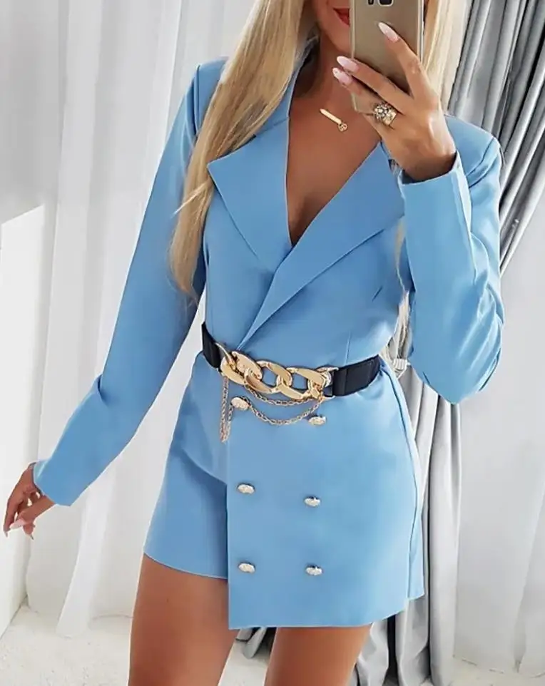 

Fall 2022 Women's Jumpsuit Elegant Long Sleeves Double Breasted Notch Collar Plain Above Knee Everyday Blazer Jumpsuit Beltless