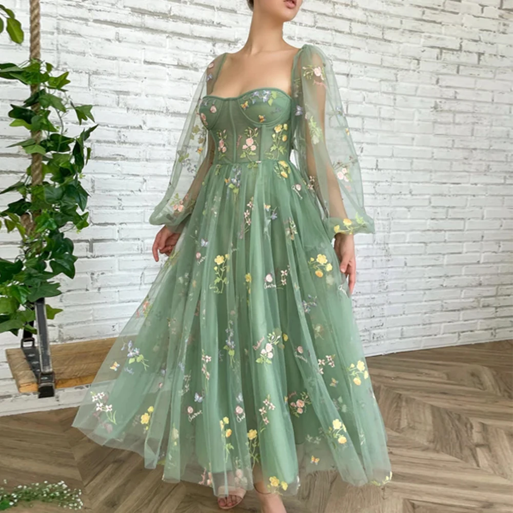 Graceful Green A-Line Tea Length Evening Dress Sexy Strapless Appliques Prom Gowns Illusion Long Sleeves Wedding Party Dress
Graceful Green A-Line Tea Length Evening Dress Sexy Strapless Appliques Prom Gowns Illusion Long Sleeves Wedding Party Dress