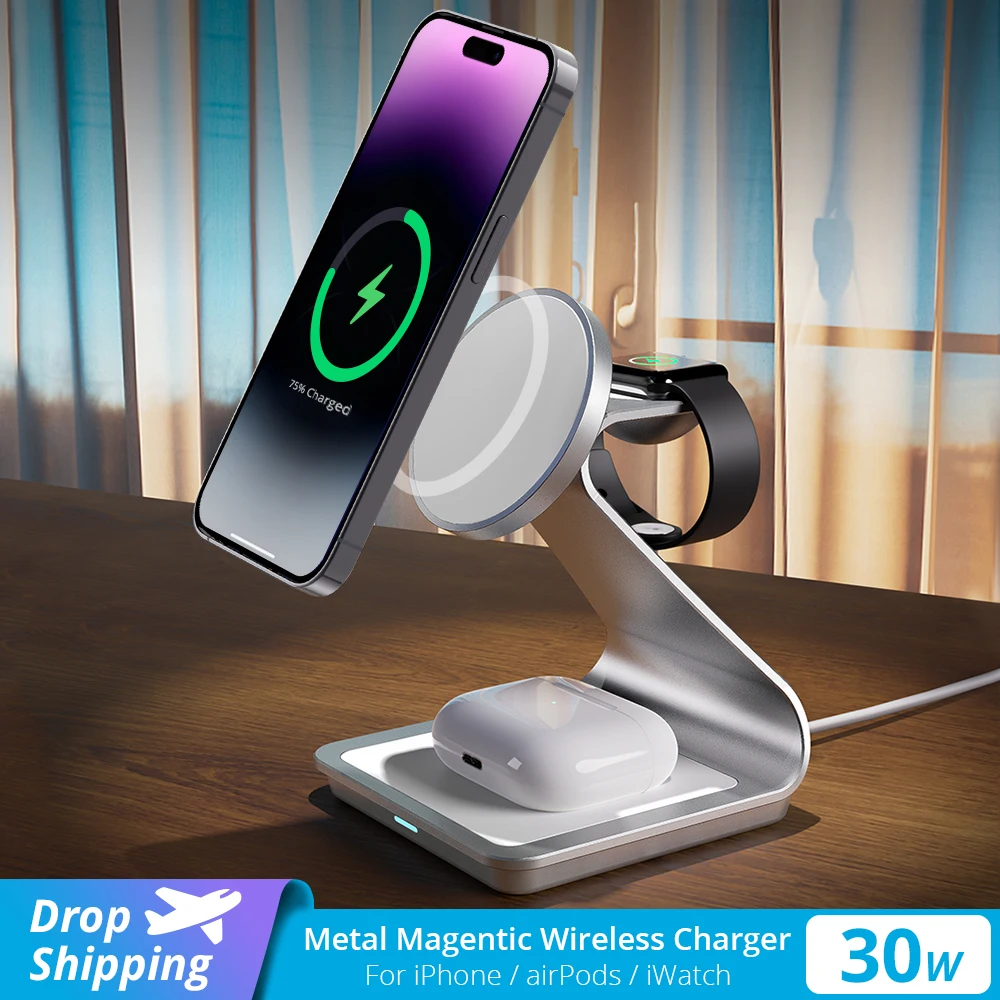 30W Fast Magnetic Wireless Charger 3 in 1 Stand for iPhone 14/13/12 Pro Max Aluminum Wireless Chargers for iWatch Series/AirPods
30W Fast Magnetic Wireless Charger 3 in 1 Stand for iPhone 14/13/12 Pro Max Aluminum Wireless Chargers for iWatch Series/AirPods