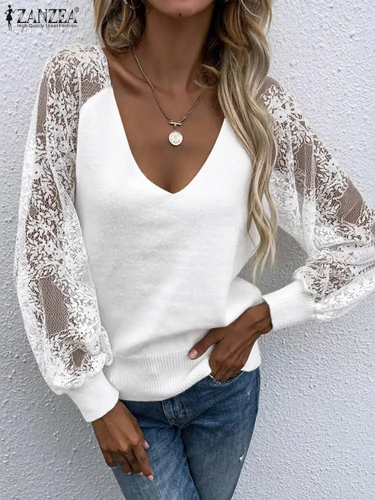 ZANZEA Elegant Contrast Lace Long Sleeve Blouses Women 2023 Fashion See-through Knitted Tops Autumn Sexy V Neck Casual Shirts
ZANZEA Elegant Contrast Lace Long Sleeve Blouses Women 2023 Fashion See-through Knitted Tops Autumn Sexy V Neck Casual Shirts