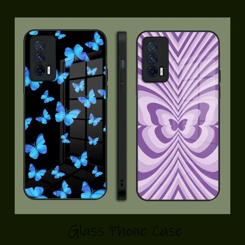 

Cute Butterfly Phone Case Glass For Vivo Y73 Y76S Y55S Y31S Y30 S10 S10E S12 S9 S9E X60 X70 IQOO9 8 7 NEO5 5S 5SE Coque