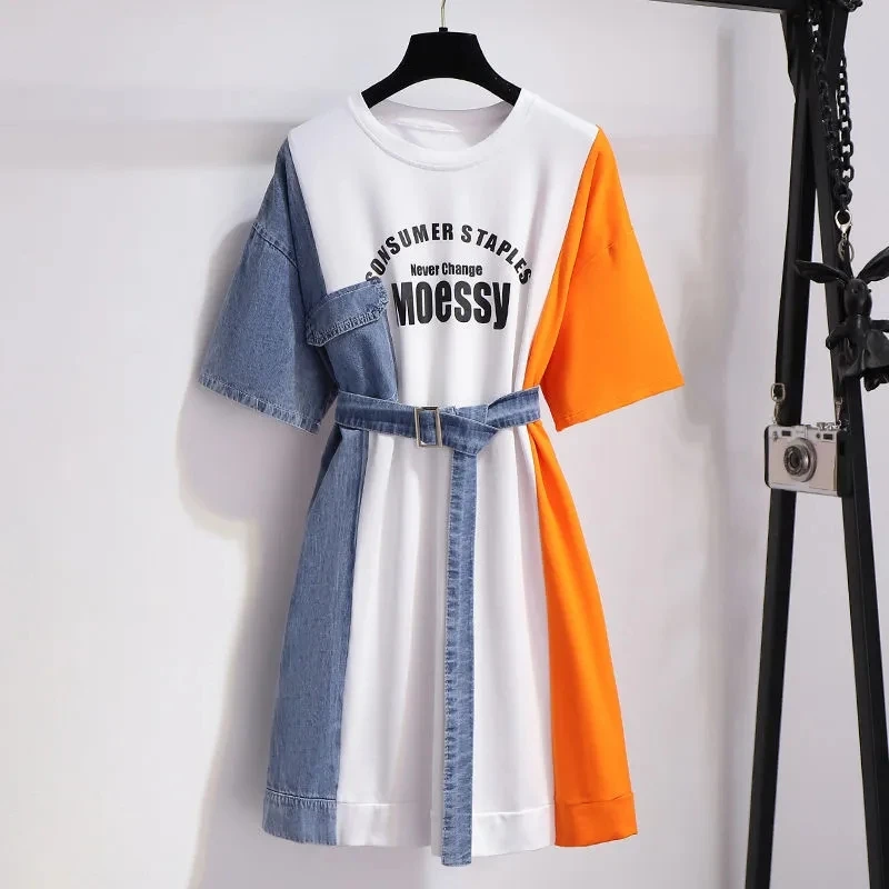 Denim Stitching Dress Belt Women's summer 2022 New Design Sense Letter Short Sleeve Round Neck A-line Skirt Waist Slimming Skirt
Denim Stitching Dress Belt Women's summer 2022 New Design Sense Letter Short Sleeve Round Neck A-line Skirt Waist Slimming Skirt