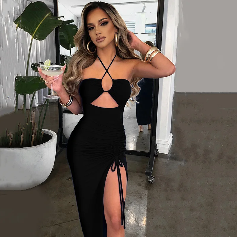 2022 Summer Sexy Halter Split Black Dress For Women Spaghetti Strap Backless Night Club Dress Hollow Ankle Length Party Dress
2022 Summer Sexy Halter Split Black Dress For Women Spaghetti Strap Backless Night Club Dress Hollow Ankle Length Party Dress