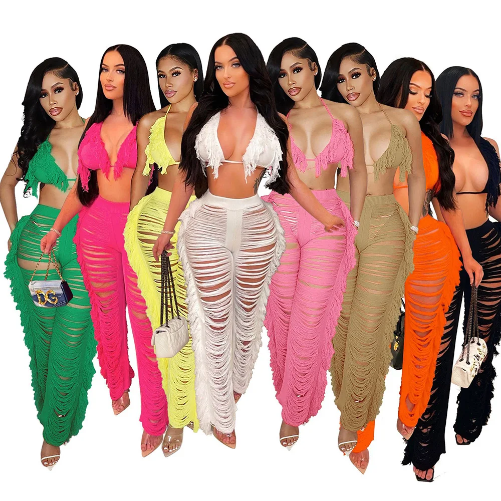 Sexy Bra Tassel Kint 2 Pieces Sets Women Beach Wear Sexy Halter Bandage Crop Top + Ribbed Long Pants See Through Party Clubwear
Sexy Bra Tassel Kint 2 Pieces Sets Women Beach Wear Sexy Halter Bandage Crop Top + Ribbed Long Pants See Through Party Clubwear