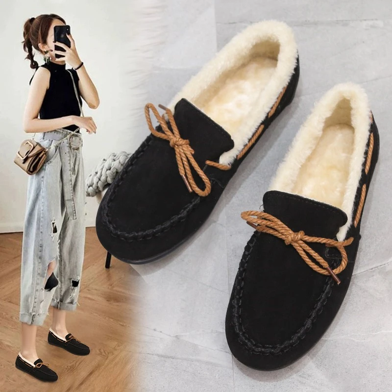 

Solid Color Bean Shoes for Women In 2022 Winter New Women's Plush Flat Sole Casual Lazy People Comfortable Cotton Shoes for