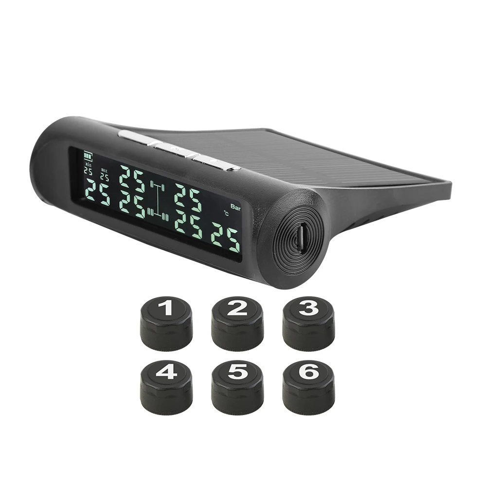 AN-07 Solar Truck TPMS LCD Display 6-Wheel Tire Pressure Monitoring Tyre Temperature Alarm System With 6 External Sensors
AN-07 Solar Truck TPMS LCD Display 6-Wheel Tire Pressure Monitoring Tyre Temperature Alarm System With 6 External Sensors