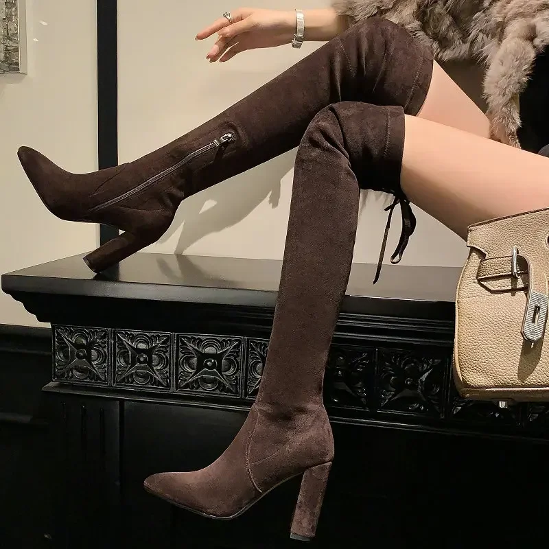

Suede Nubuck Leather Block High Heels Sexy Lady Overknees Socks Botines Soft Warm Winter Shoes Over-the-knee Thigh Stretch Boots