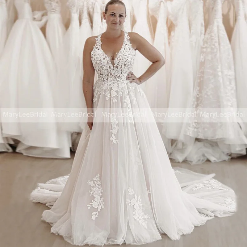Elegant Tulle A-line Wedding Dresses Illusion Strap Floral Applique Plus Size Beach Bridal Dress Long Chapel Train Bride Gowns
Elegant Tulle A-line Wedding Dresses Illusion Strap Floral Applique Plus Size Beach Bridal Dress Long Chapel Train Bride Gowns