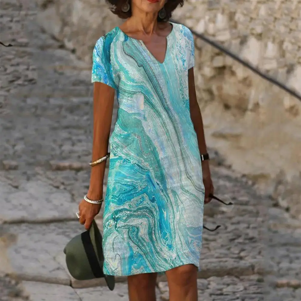 Women Dress Marble Print V Neck Elegant A-Line Knee Length Dress Streetwear
Women Dress Marble Print V Neck Elegant A-Line Knee Length Dress Streetwear