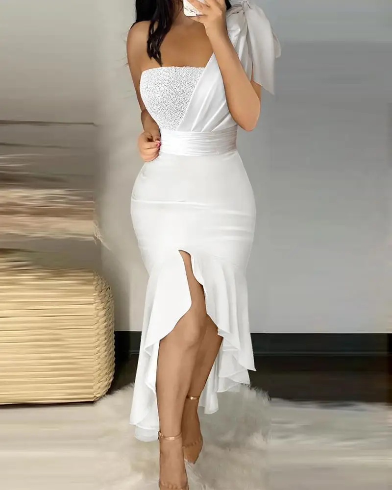 

Женское вечернее платье-Русалка с контрастными блестками, длинное платье до щиколотки с высокой талией и одним открытым плечом, весна-лето