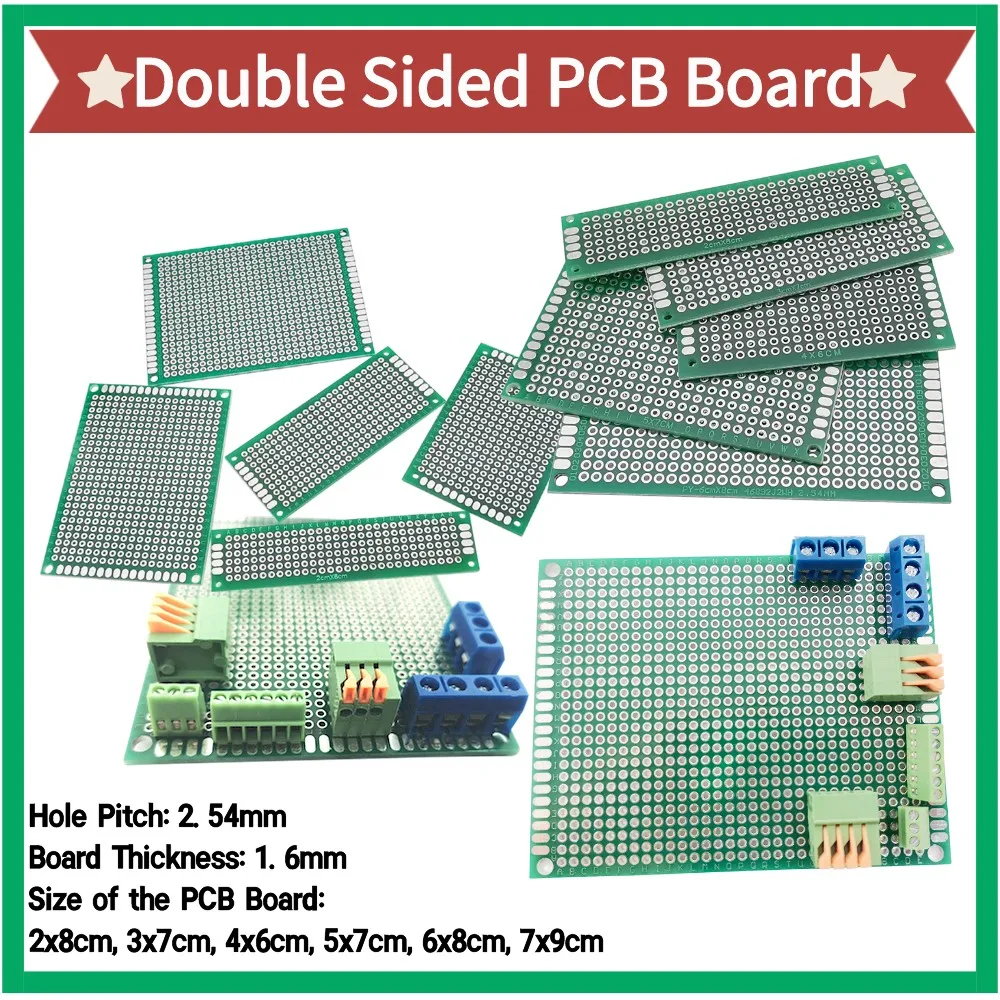 5Pcs/Lot Double Sided PCB Prototype Board 2x8 3x7 4x6 5x7 6x8 7x9cm DIY Universal Printed Circuit Board Protoboard for Arduino
5Pcs/Lot Double Sided PCB Prototype Board 2x8 3x7 4x6 5x7 6x8 7x9cm DIY Universal Printed Circuit Board Protoboard for Arduino