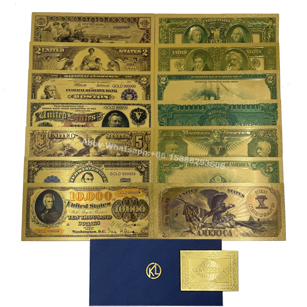 New 7 Designs Colored USD Gold Foil Banknote Set 1 2 5 20 50 100 10000 dollars for Partriotism American Crafts collectibles
New 7 Designs Colored USD Gold Foil Banknote Set 1 2 5 20 50 100 10000 dollars for Partriotism American Crafts collectibles