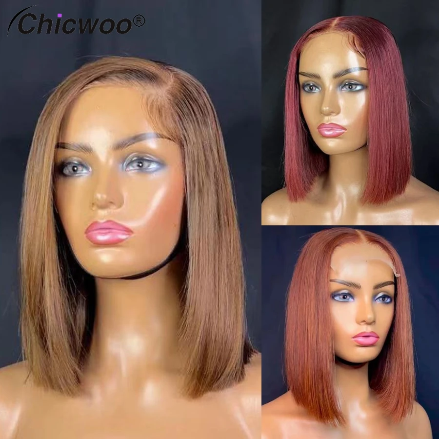 

Reddish Brown Silky Straight Bob Wig Preplucked Hairline Brazilian Remy Human Hair Burgundy Color 13x4 Lace Front Women Wigs