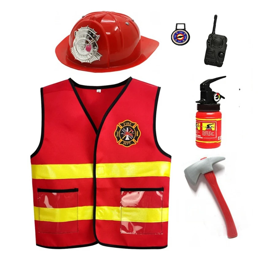 

Fireman Uniform Vest Outfits Fire Axe Firefighter Cosplay Halloween Costumes 3-10 Year Kids Fancy Dress Cap Carnival Clothes