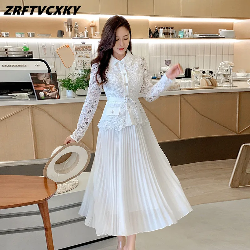 Runway Luxury Lace Patchwork Pleats Midi Dresses For Women's Elegant Lapel-Collar Hollow-Out Long Sleeve Spring White Dress
Runway Luxury Lace Patchwork Pleats Midi Dresses For Women's Elegant Lapel-Collar Hollow-Out Long Sleeve Spring White Dress