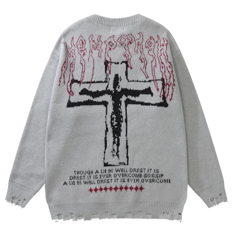 2022 Gothic Men Jumper Sweater Cross Printed Ripped Hole Knitted Pullover Vintage Punk Loose Streetwear Fashion Y2k Sweaters
2022 Gothic Men Jumper Sweater Cross Printed Ripped Hole Knitted Pullover Vintage Punk Loose Streetwear Fashion Y2k Sweaters